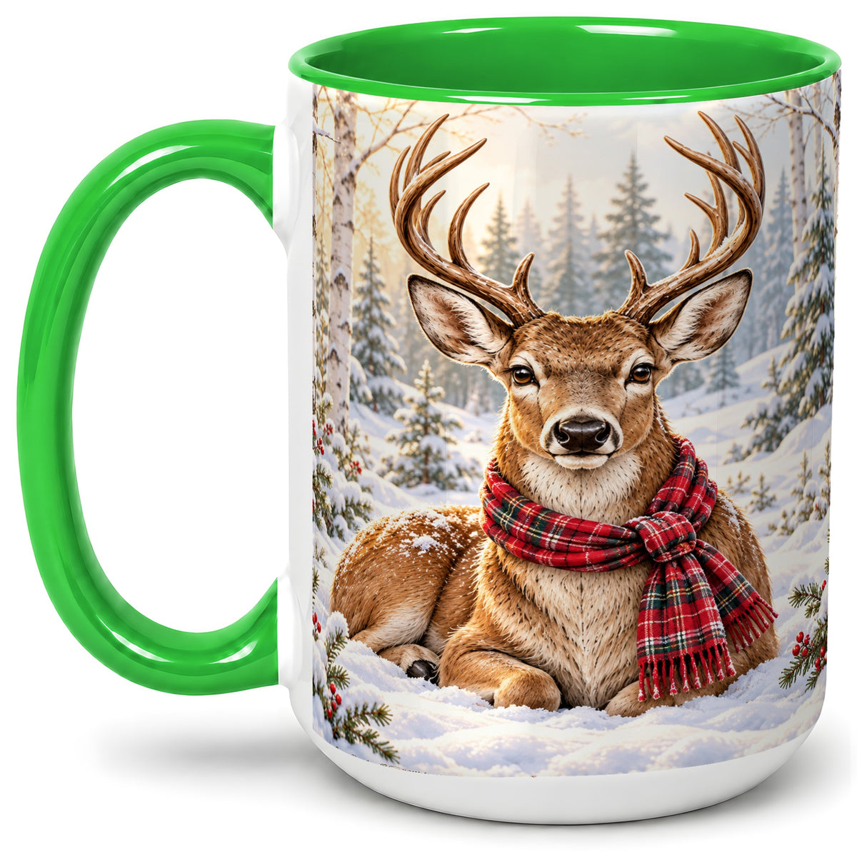 #pl[15oz|Green] Winter Deer Plaid Scarf Accent Mug, Ceramic Woodland Coffee Cup