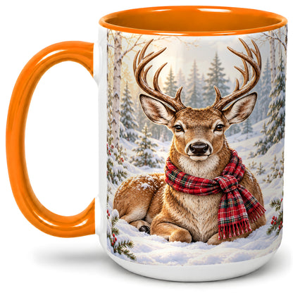 #pl[15oz|Orange] Winter Deer Plaid Scarf Accent Mug, Ceramic Woodland Coffee Cup