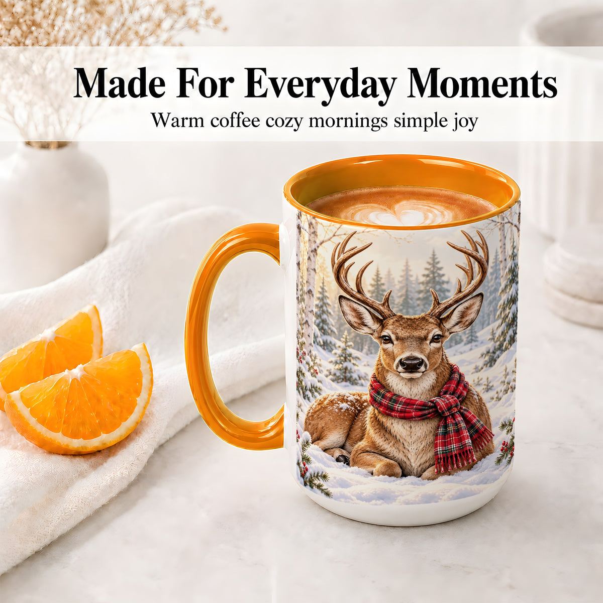 #pl[15oz|Orange] Winter Deer Plaid Scarf Accent Mug, Ceramic Woodland Coffee Cup