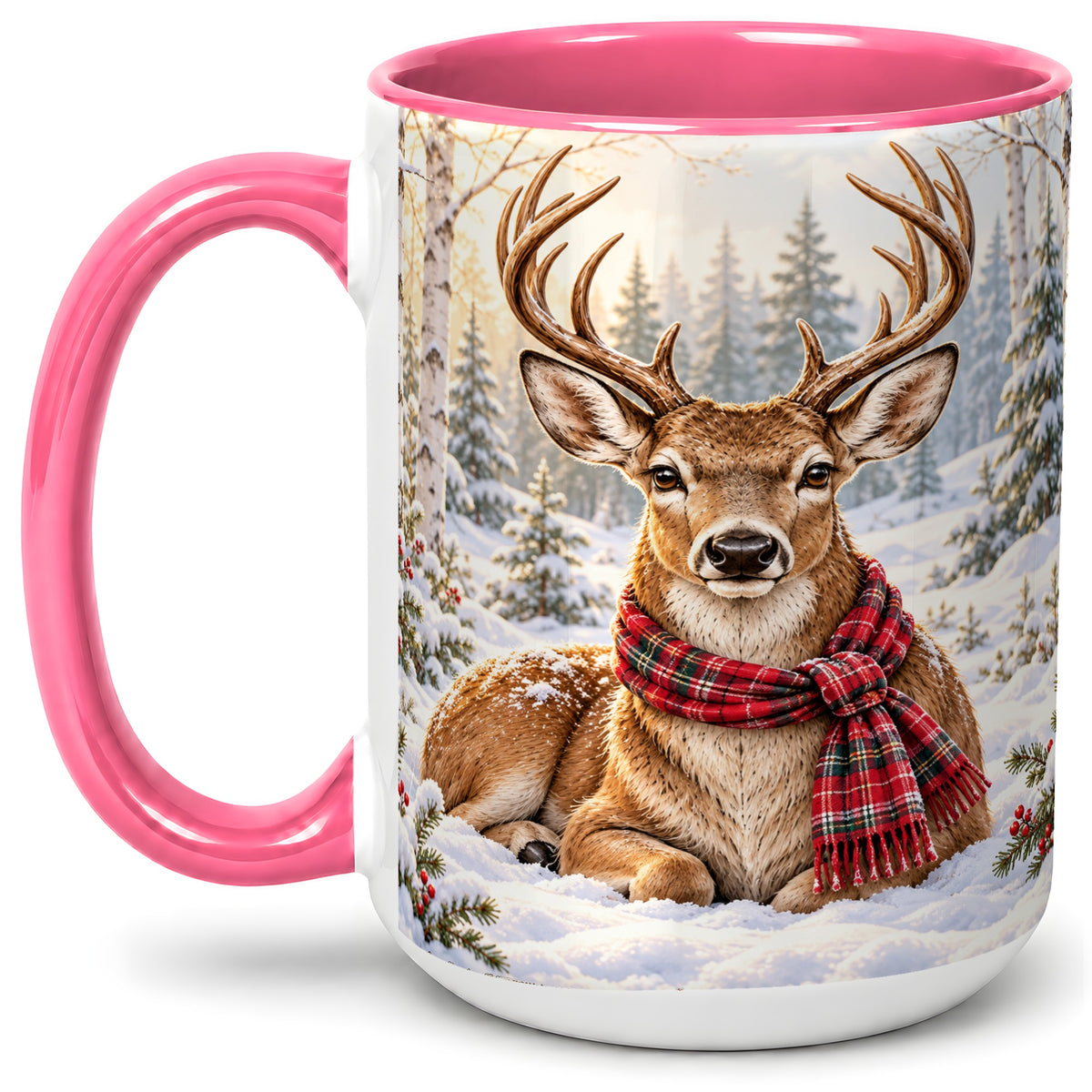 #pl[15oz|Pink] Winter Deer Plaid Scarf Accent Mug, Ceramic Woodland Coffee Cup