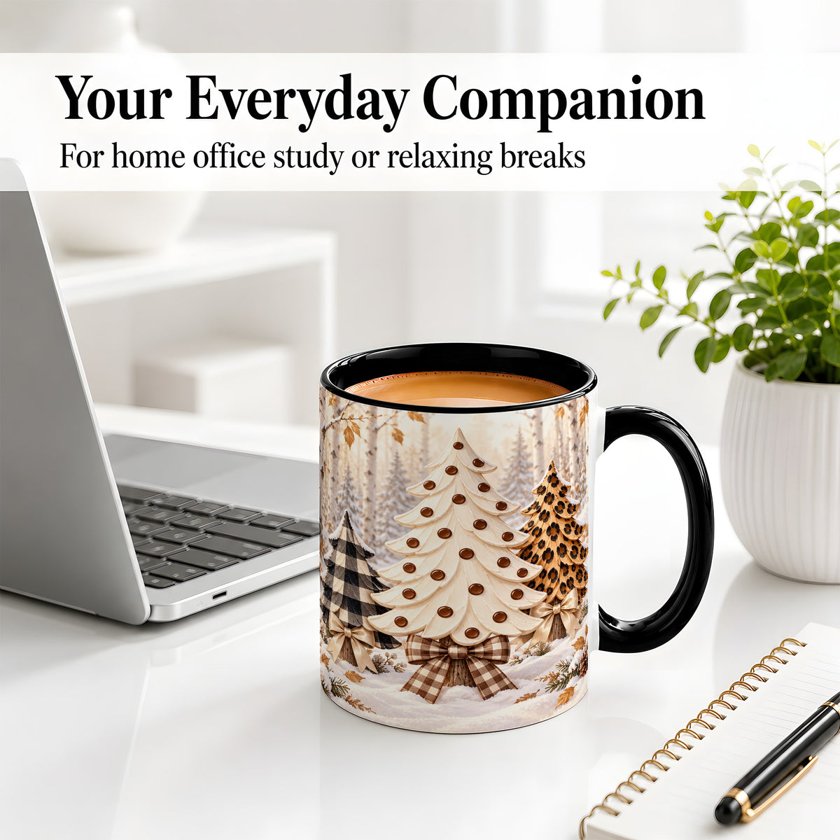 #pl[11oz|Black] Leopard Print Christmas Trees Accent Mug, Ceramic Holiday Cup