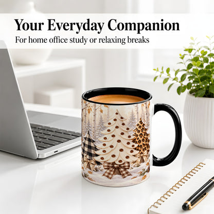 #pl[11oz|Black] Leopard Print Christmas Trees Accent Mug, Ceramic Holiday Cup