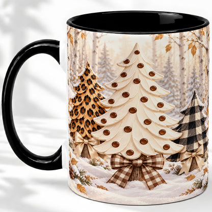 #pl[11oz|Black] Leopard Print Christmas Trees Accent Mug, Ceramic Holiday Cup