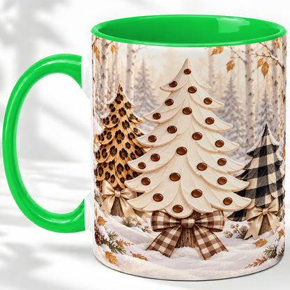 #pl[11oz|Green] Leopard Print Christmas Trees Accent Mug, Ceramic Holiday Cup