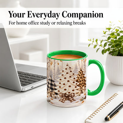 #pl[11oz|Green] Leopard Print Christmas Trees Accent Mug, Ceramic Holiday Cup