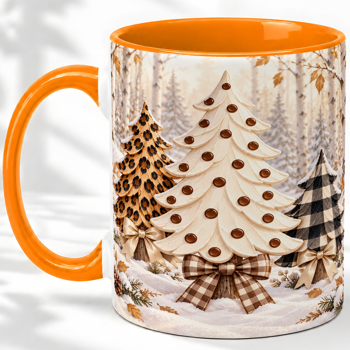 #pl[11oz|Orange] Leopard Print Christmas Trees Accent Mug, Ceramic Holiday Cup
