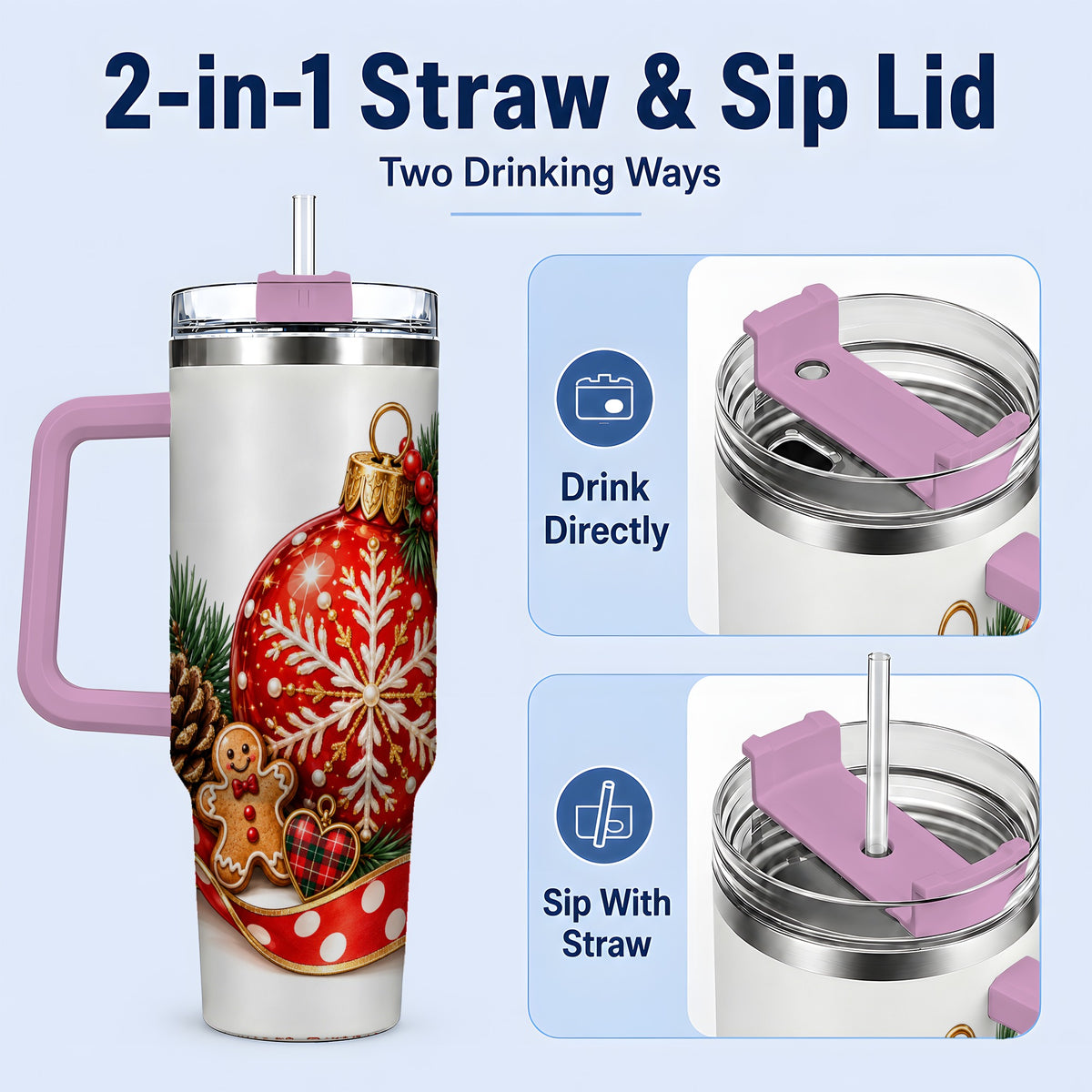 #pl[40oz|Pink] Red Christmas Ornament Tumbler, 40oz Stainless Steel Holiday Drinkware