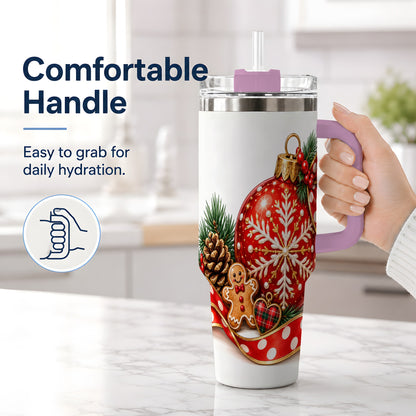 #pl[40oz|Pink] Red Christmas Ornament Tumbler, 40oz Stainless Steel Holiday Drinkware