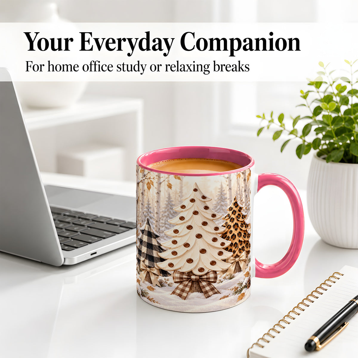 #pl[11oz|Pink] Leopard Print Christmas Trees Accent Mug, Ceramic Holiday Cup