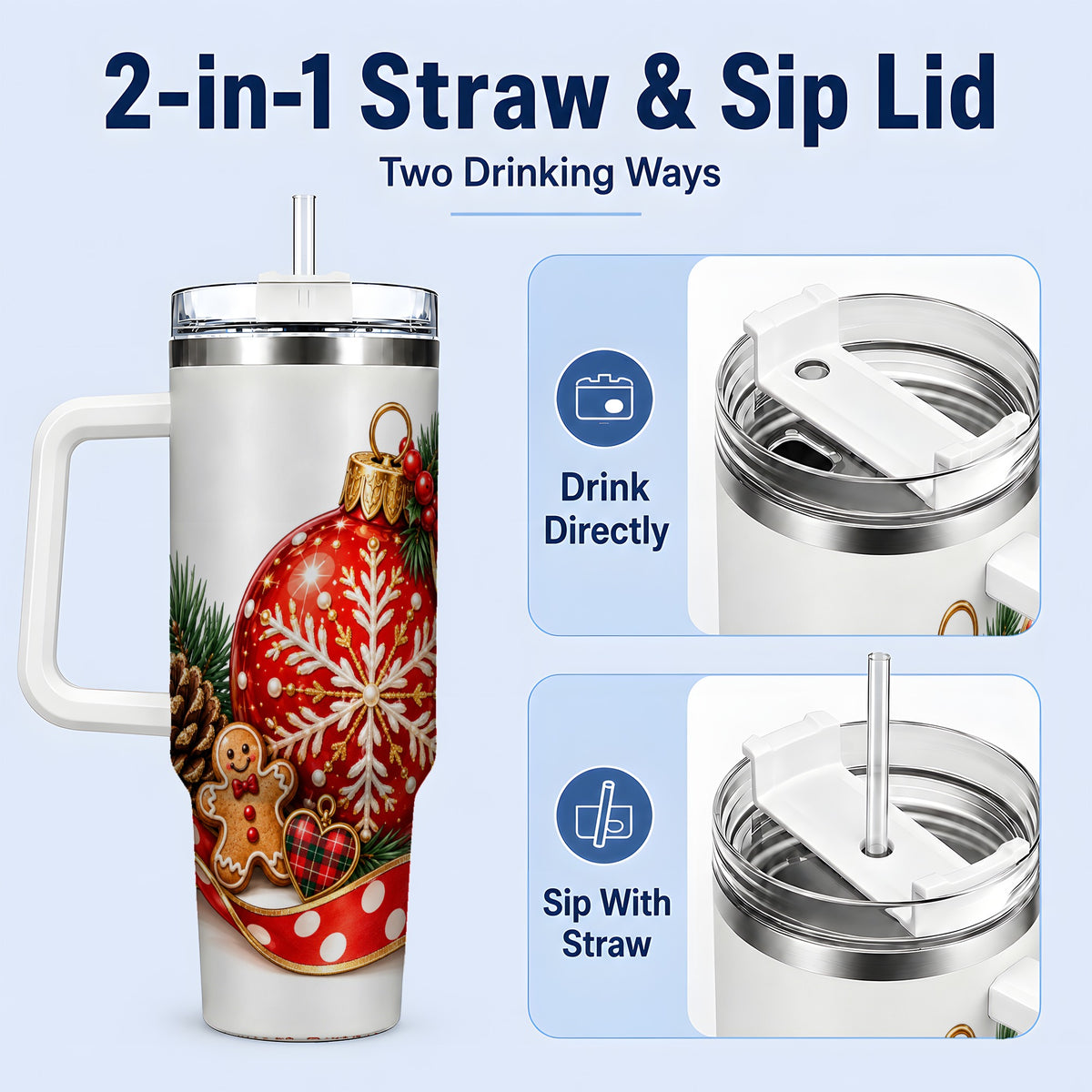 #pl[40oz|White] Red Christmas Ornament Tumbler, 40oz Stainless Steel Holiday Drinkware