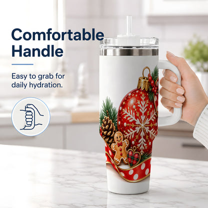 #pl[40oz|White] Red Christmas Ornament Tumbler, 40oz Stainless Steel Holiday Drinkware