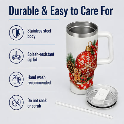 Red Christmas Ornament Tumbler, 40oz Stainless Steel Holiday Drinkware