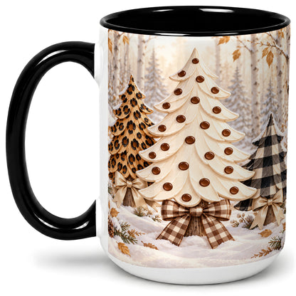 #pl[15oz|Black] Leopard Print Christmas Trees Accent Mug, Ceramic Holiday Cup