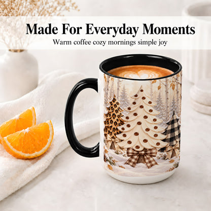 #pl[15oz|Black] Leopard Print Christmas Trees Accent Mug, Ceramic Holiday Cup