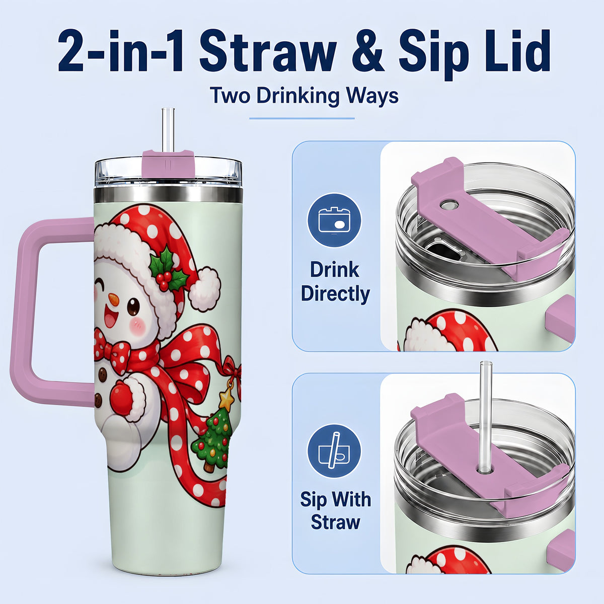 #pl[40oz|Pink] Cute Christmas Snowman Tumbler, 40oz Stainless Steel Festive Cup