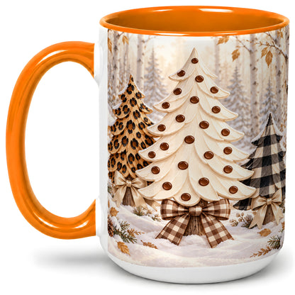#pl[15oz|Orange] Leopard Print Christmas Trees Accent Mug, Ceramic Holiday Cup