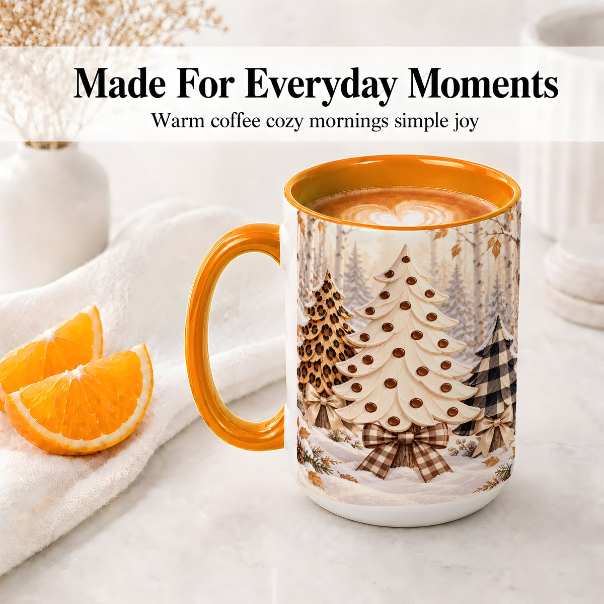 #pl[15oz|Orange] Leopard Print Christmas Trees Accent Mug, Ceramic Holiday Cup