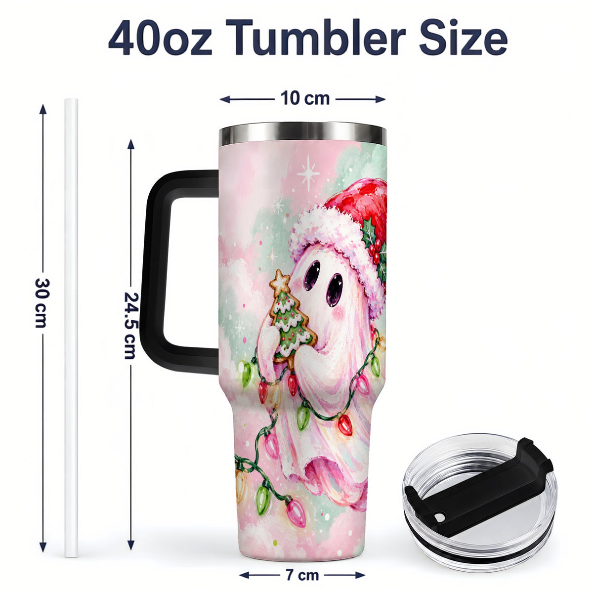 #pl[40oz|Black] Cute Christmas Ghost Tumbler, 40oz Stainless Steel Holiday Drinkware