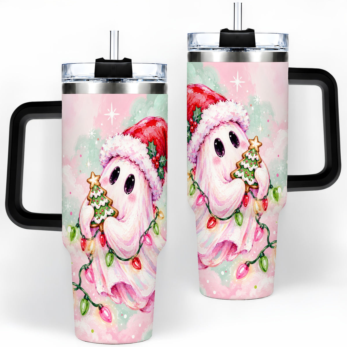 #pl[40oz|Black] Cute Christmas Ghost Tumbler, 40oz Stainless Steel Holiday Drinkware
