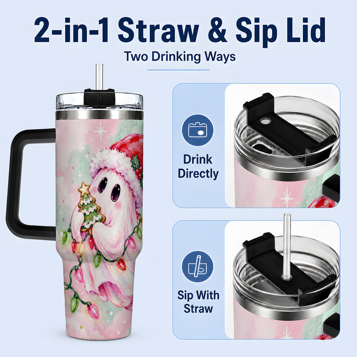 #pl[40oz|Black] Cute Christmas Ghost Tumbler, 40oz Stainless Steel Holiday Drinkware