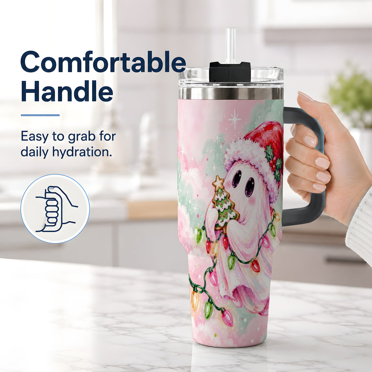 #pl[40oz|Black] Cute Christmas Ghost Tumbler, 40oz Stainless Steel Holiday Drinkware