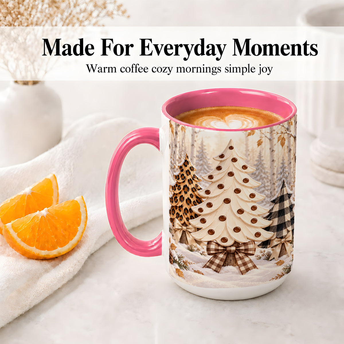 #pl[15oz|Pink] Leopard Print Christmas Trees Accent Mug, Ceramic Holiday Cup