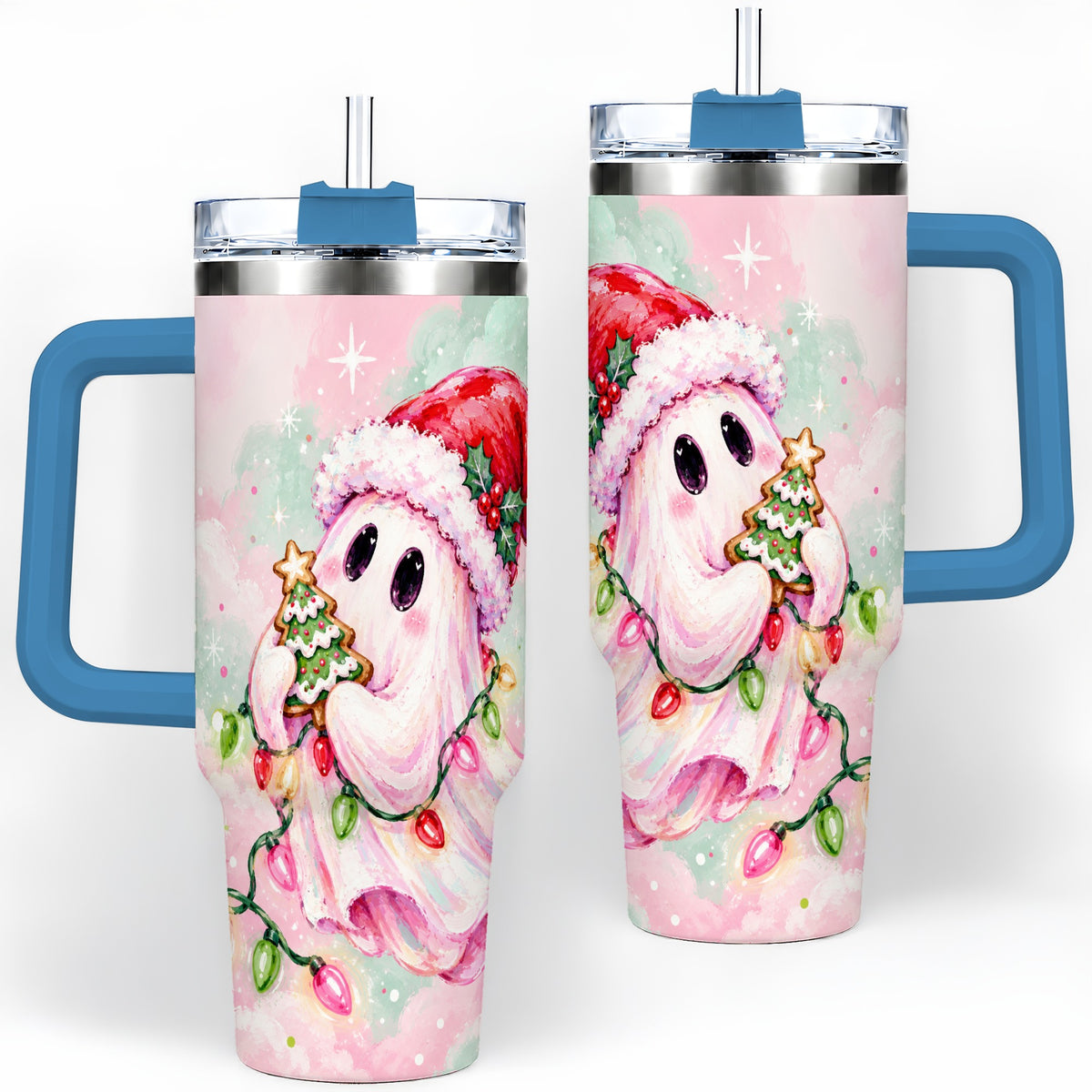 #pl[40oz|Blue] Cute Christmas Ghost Tumbler, 40oz Stainless Steel Holiday Drinkware