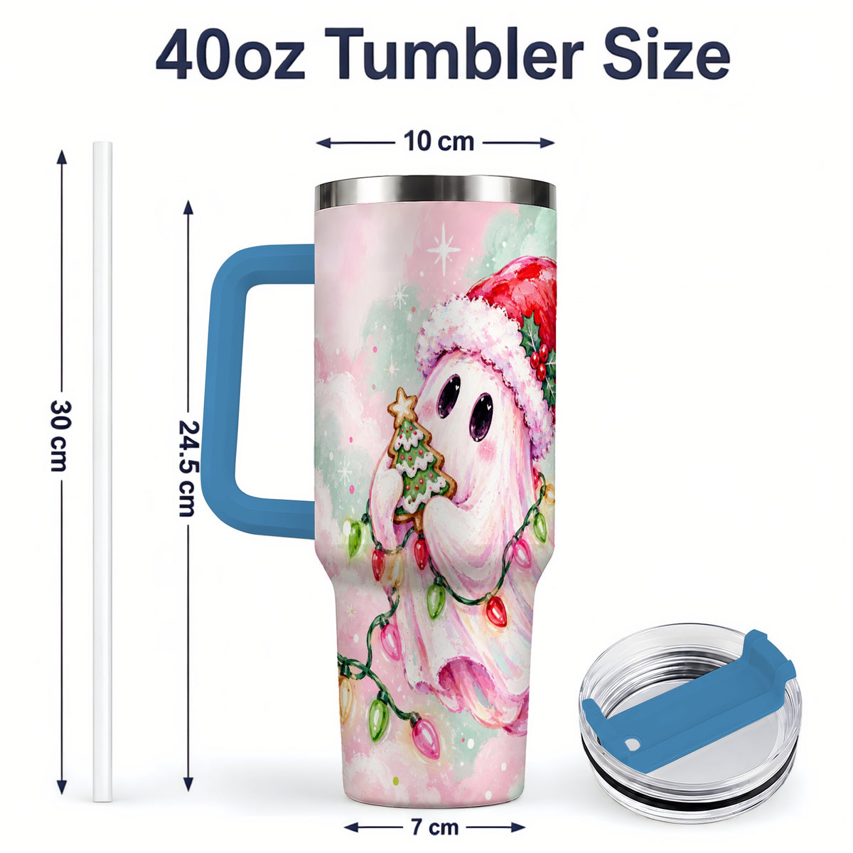 #pl[40oz|Blue] Cute Christmas Ghost Tumbler, 40oz Stainless Steel Holiday Drinkware