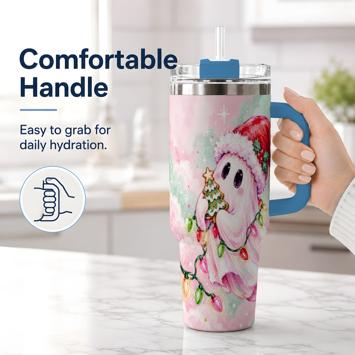 #pl[40oz|Blue] Cute Christmas Ghost Tumbler, 40oz Stainless Steel Holiday Drinkware