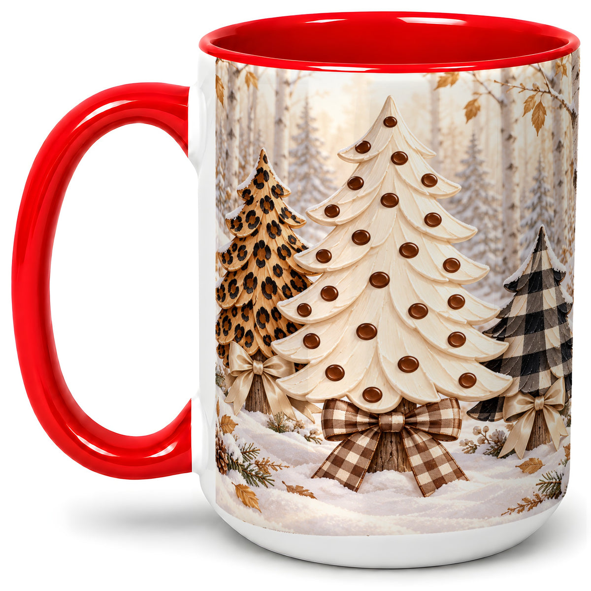 #pl[15oz|Red] Leopard Print Christmas Trees Accent Mug, Ceramic Holiday Cup