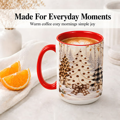 #pl[15oz|Red] Leopard Print Christmas Trees Accent Mug, Ceramic Holiday Cup