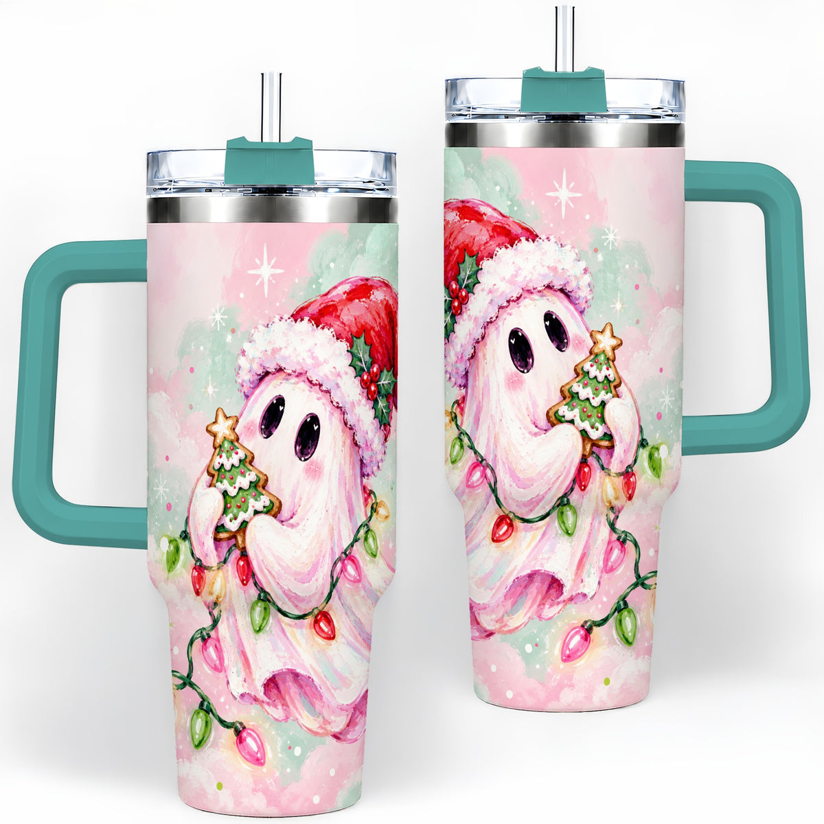 #pl[40oz|Green] Cute Christmas Ghost Tumbler, 40oz Stainless Steel Holiday Drinkware