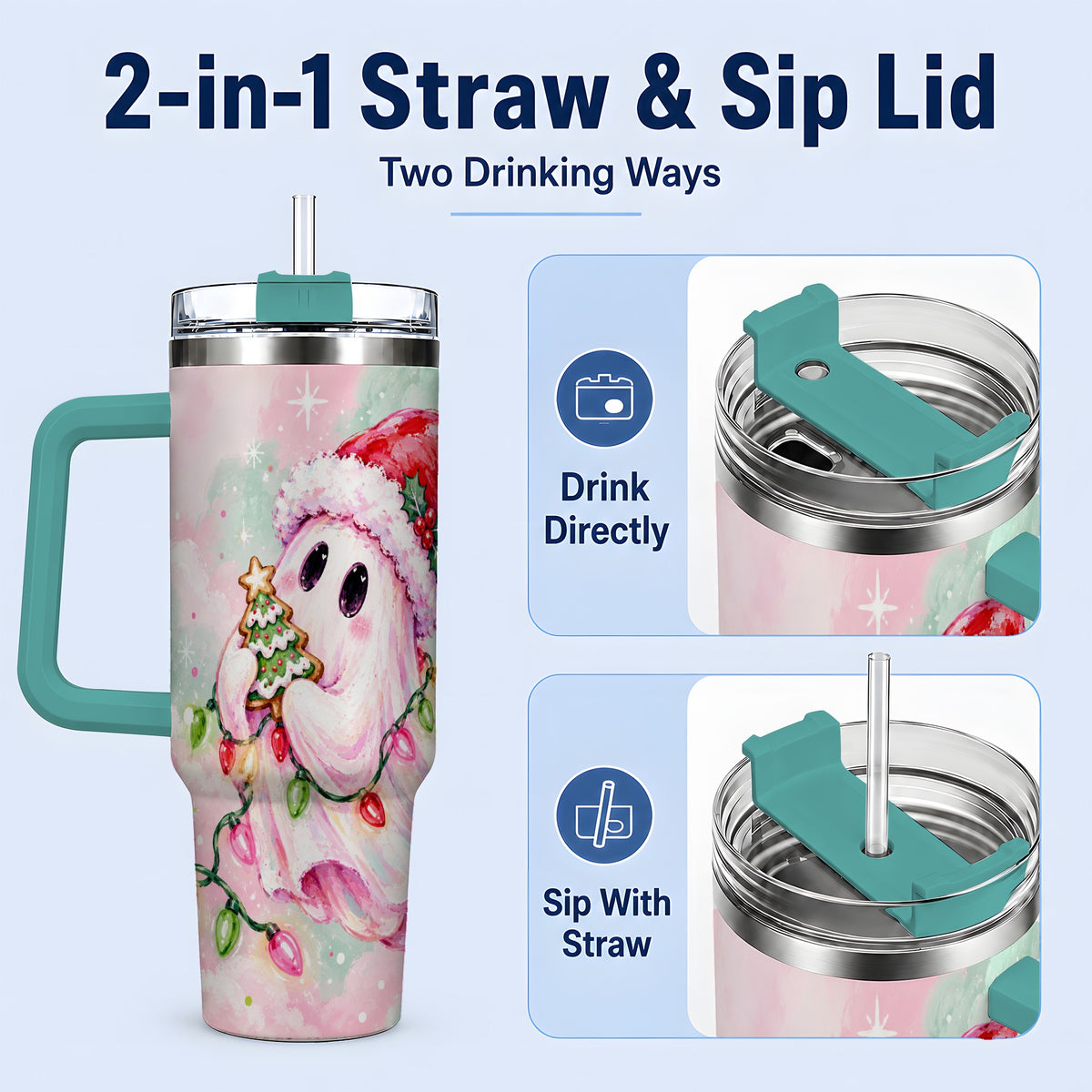 #pl[40oz|Green] Cute Christmas Ghost Tumbler, 40oz Stainless Steel Holiday Drinkware