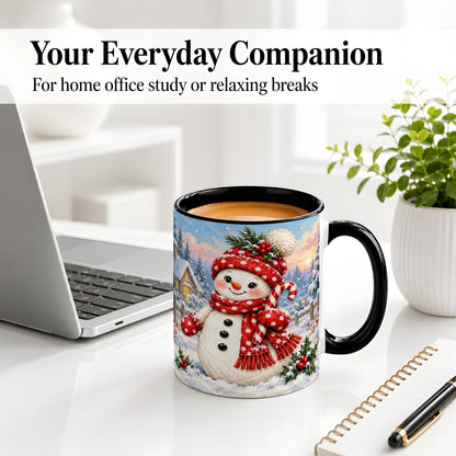 #pl[11oz|Black] Cute Christmas Snowman Accent Mug, Ceramic Winter Coffee Cup