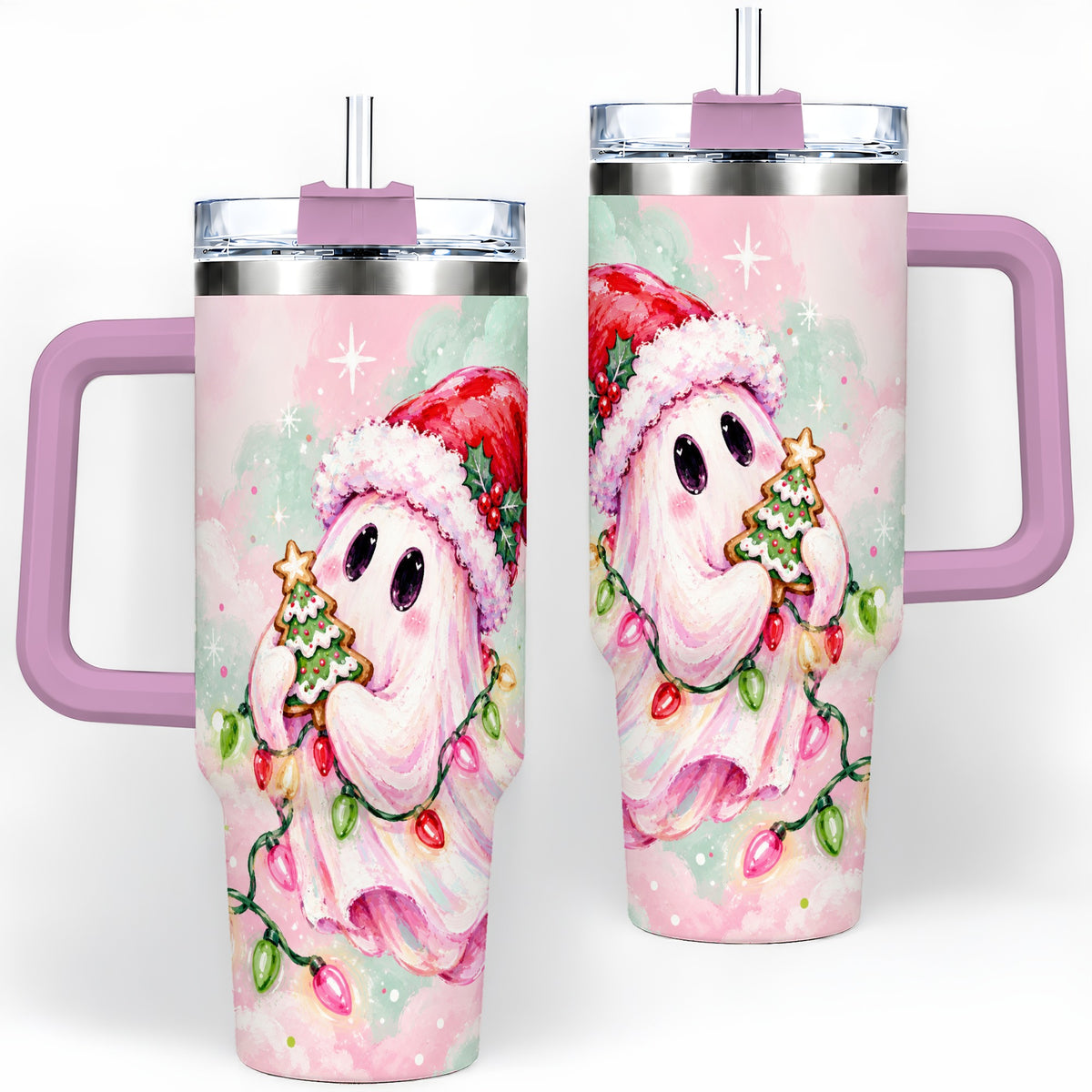 #pl[40oz|Pink] Cute Christmas Ghost Tumbler, 40oz Stainless Steel Holiday Drinkware