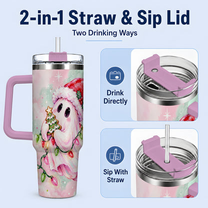 #pl[40oz|Pink] Cute Christmas Ghost Tumbler, 40oz Stainless Steel Holiday Drinkware