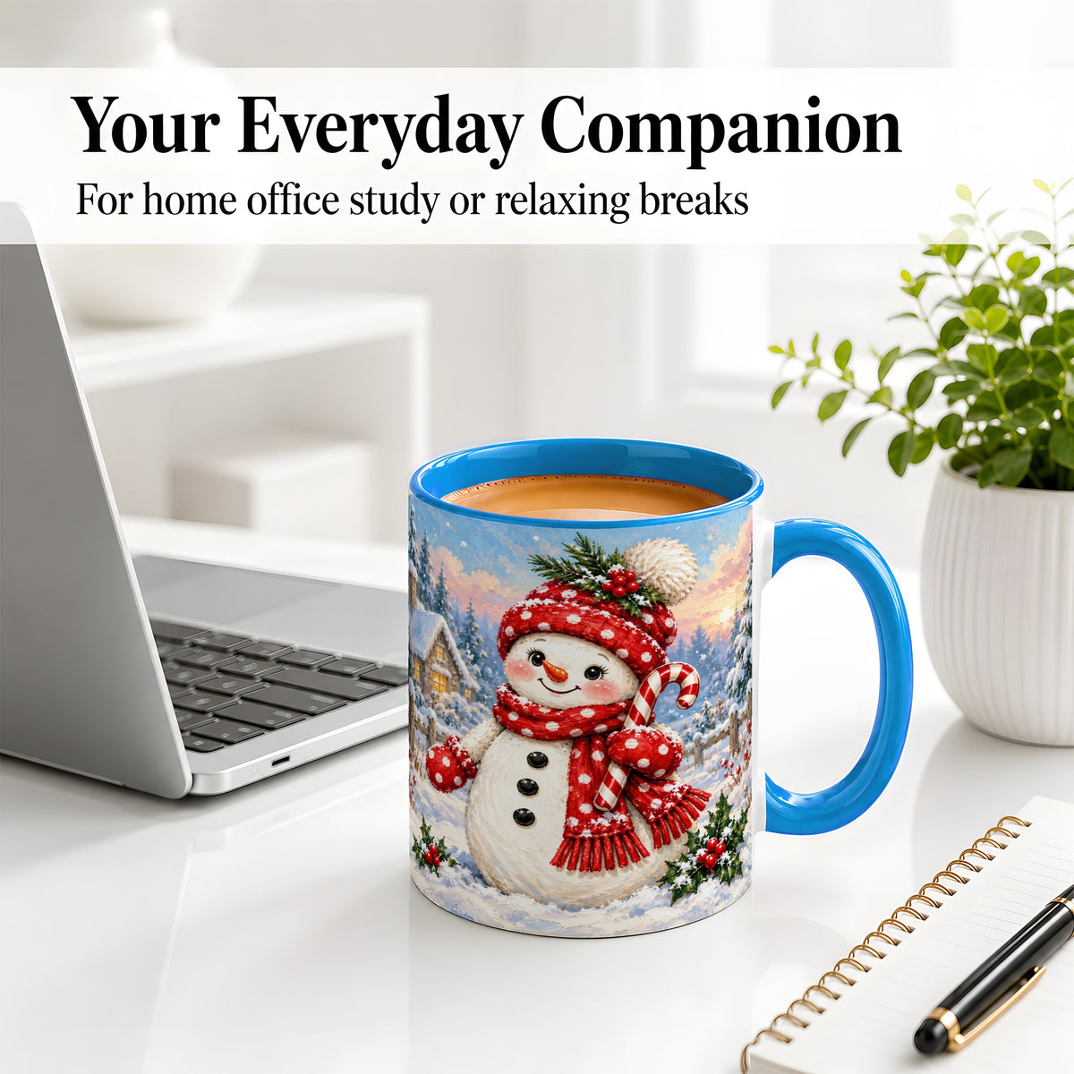 #pl[11oz|Blue] Cute Christmas Snowman Accent Mug, Ceramic Winter Coffee Cup