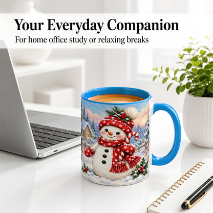 #pl[11oz|Blue] Cute Christmas Snowman Accent Mug, Ceramic Winter Coffee Cup