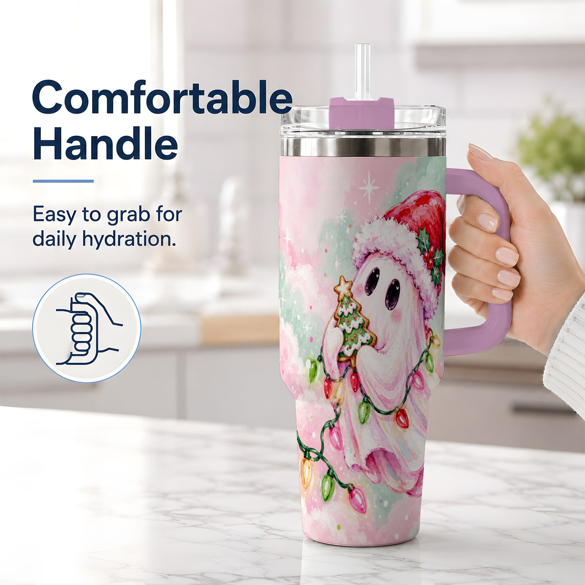 #pl[40oz|Pink] Cute Christmas Ghost Tumbler, 40oz Stainless Steel Holiday Drinkware