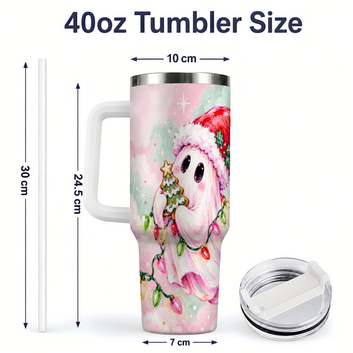 #pl[40oz|White] Cute Christmas Ghost Tumbler, 40oz Stainless Steel Holiday Drinkware