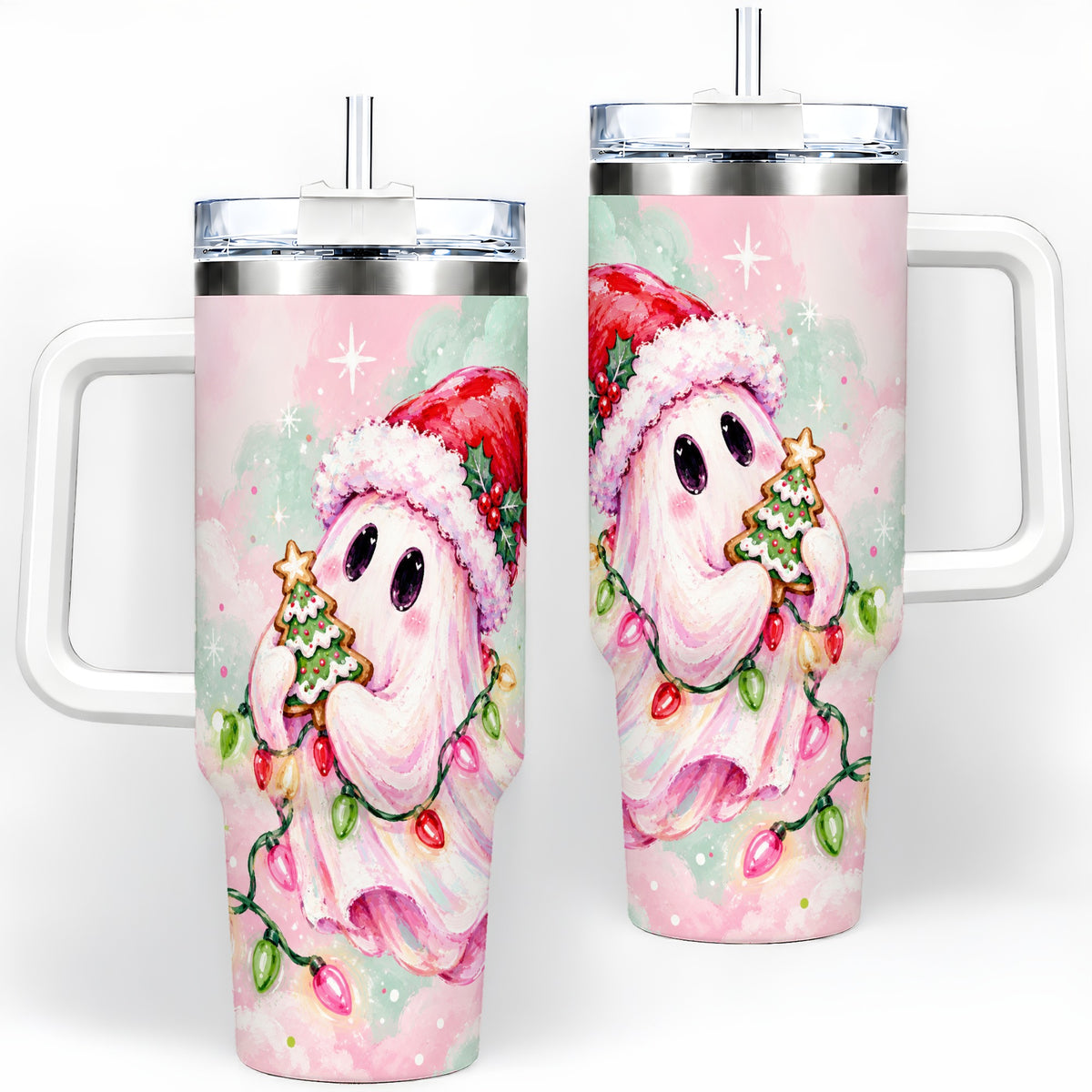 Cute Christmas Ghost Tumbler, 40oz Stainless Steel Holiday Drinkware