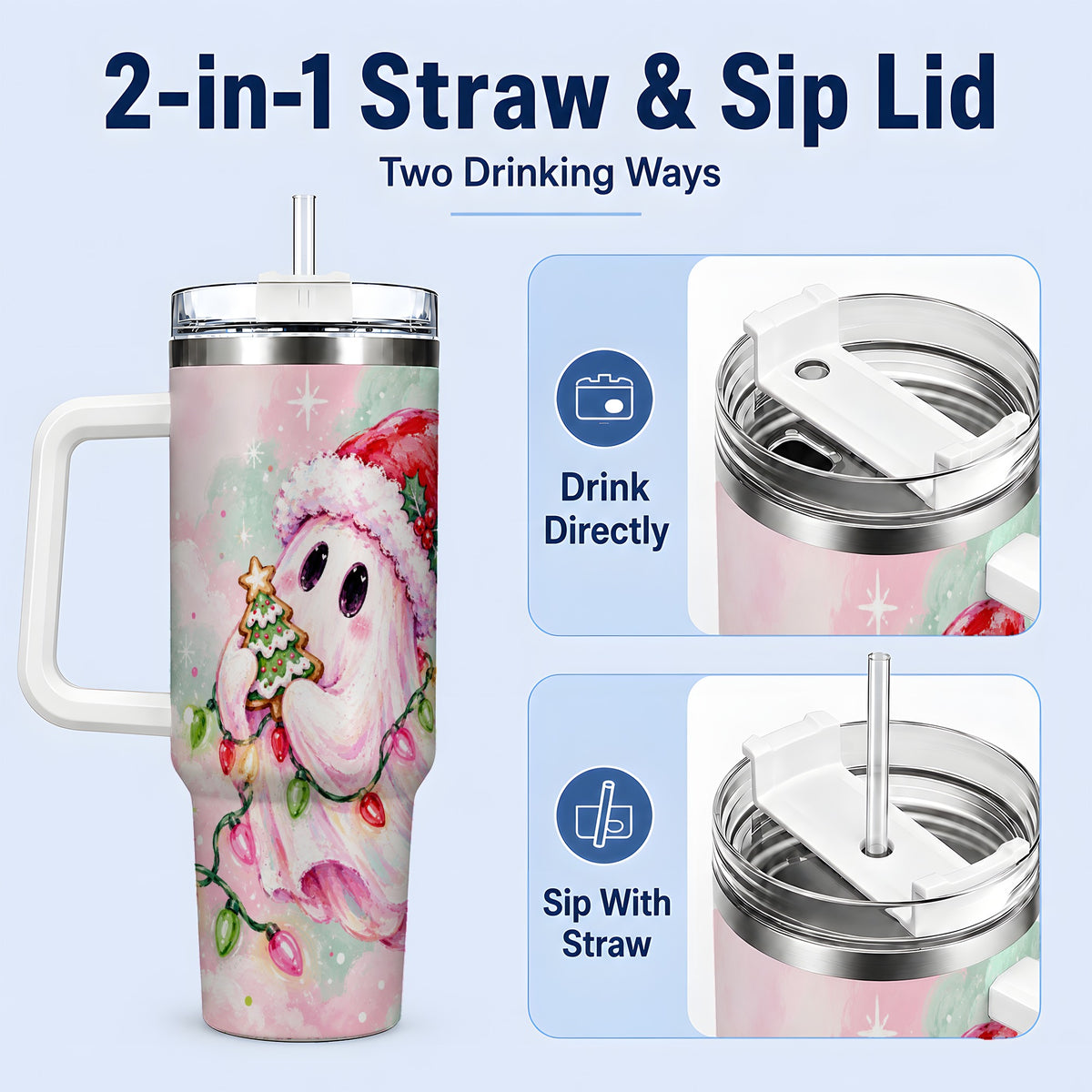 #pl[40oz|White] Cute Christmas Ghost Tumbler, 40oz Stainless Steel Holiday Drinkware