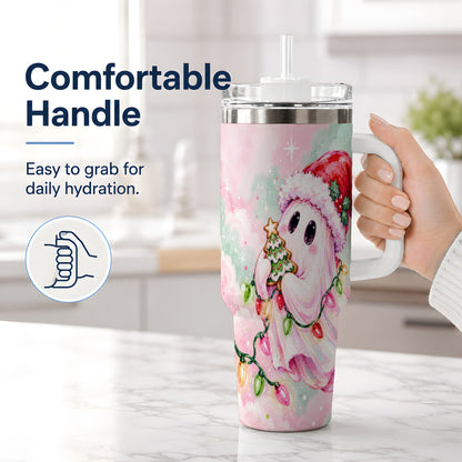 #pl[40oz|White] Cute Christmas Ghost Tumbler, 40oz Stainless Steel Holiday Drinkware