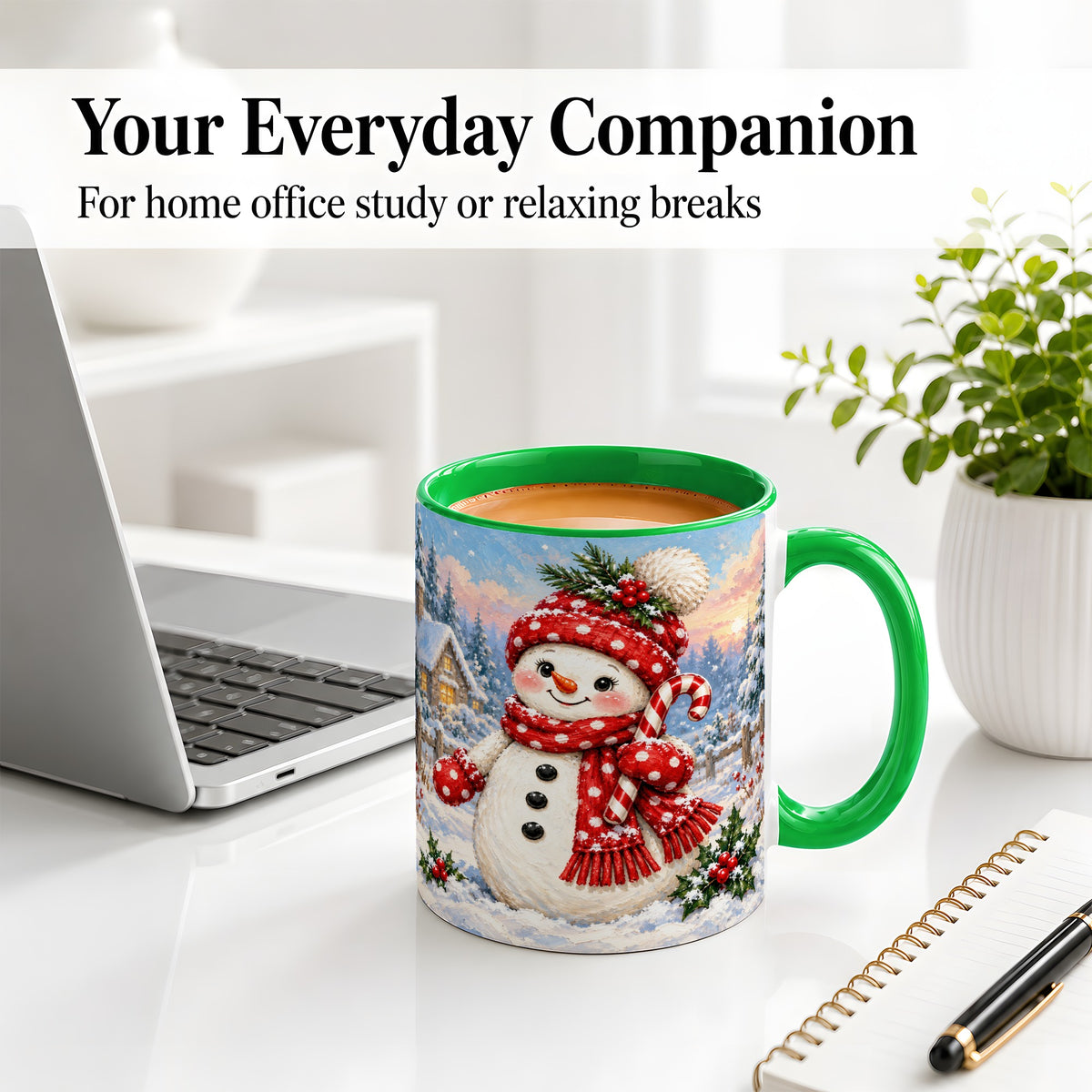 #pl[11oz|Green] Cute Christmas Snowman Accent Mug, Ceramic Winter Coffee Cup