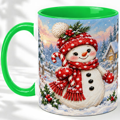 #pl[11oz|Green] Cute Christmas Snowman Accent Mug, Ceramic Winter Coffee Cup