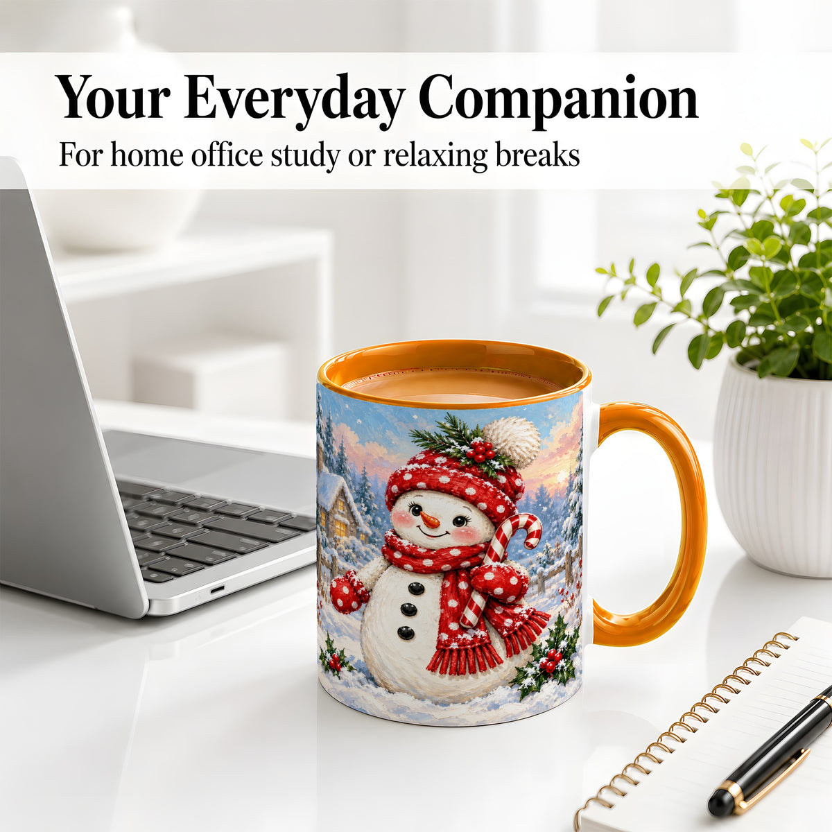 #pl[11oz|Orange] Cute Christmas Snowman Accent Mug, Ceramic Winter Coffee Cup