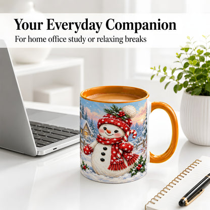 #pl[11oz|Orange] Cute Christmas Snowman Accent Mug, Ceramic Winter Coffee Cup