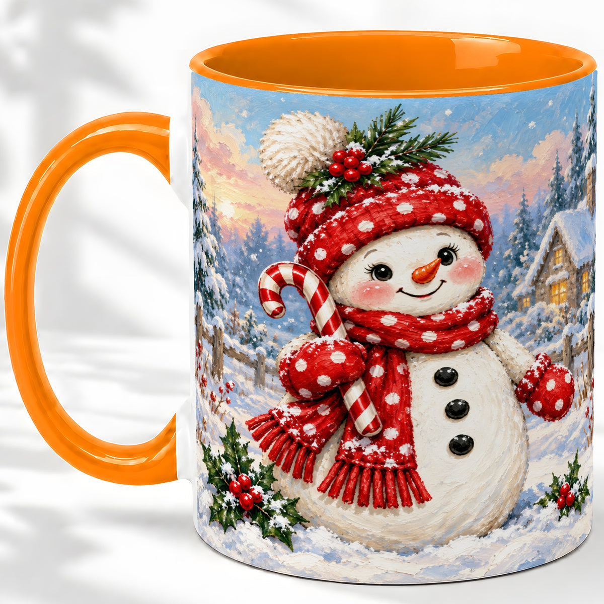 #pl[11oz|Orange] Cute Christmas Snowman Accent Mug, Ceramic Winter Coffee Cup