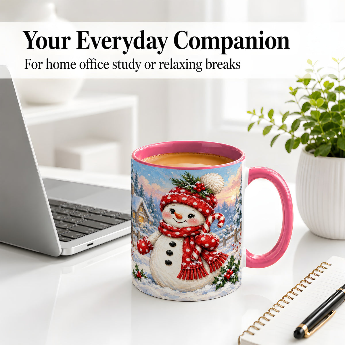 #pl[11oz|Pink] Cute Christmas Snowman Accent Mug, Ceramic Winter Coffee Cup