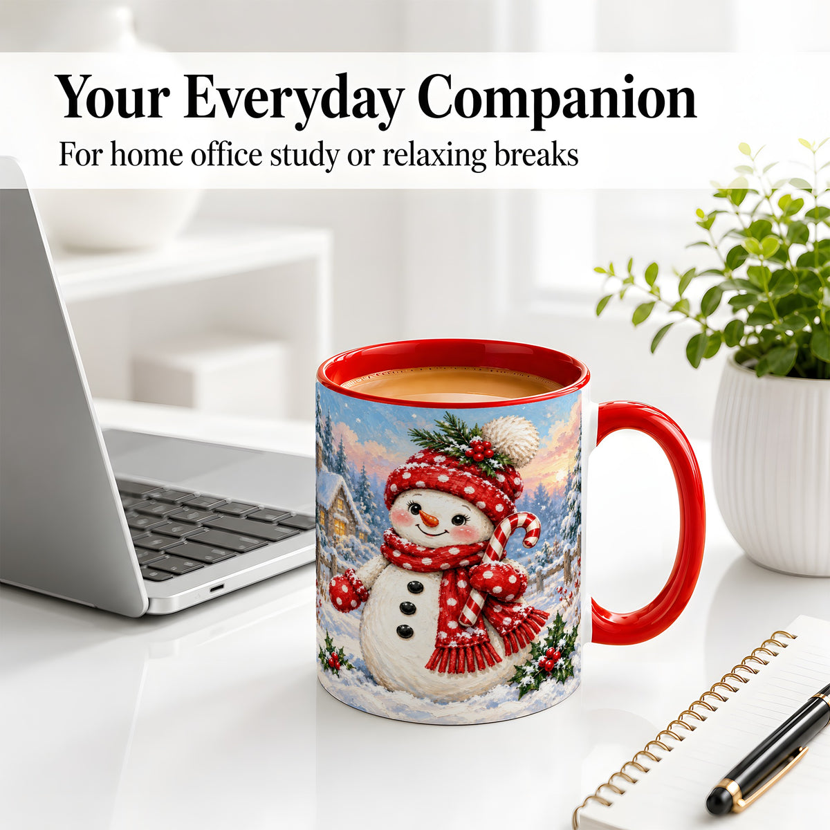 #pl[11oz|Red] Cute Christmas Snowman Accent Mug, Ceramic Winter Coffee Cup